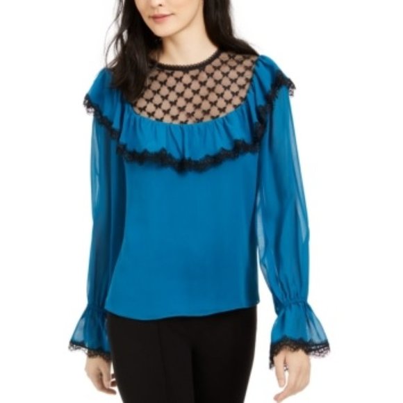 🎁 Nanette Lepore Lace-trim Silk Blouse In Teal